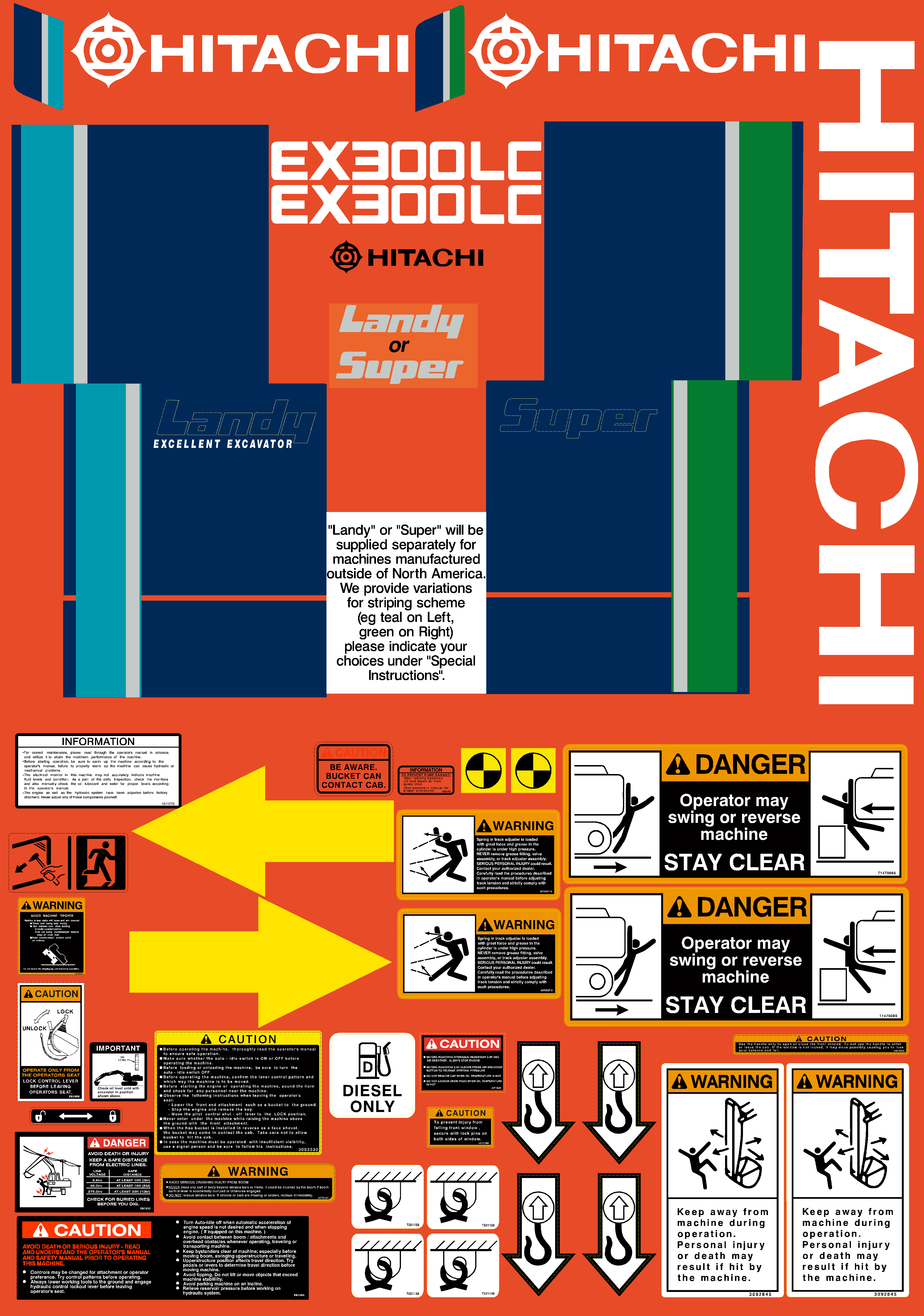 Hitachi Excavators EX300LC2 High Quality Decals Packages