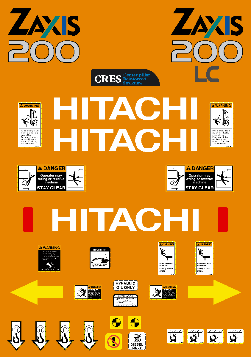 Hitachi Excavators ZAXIS 200 and 200LC Decal Packages
