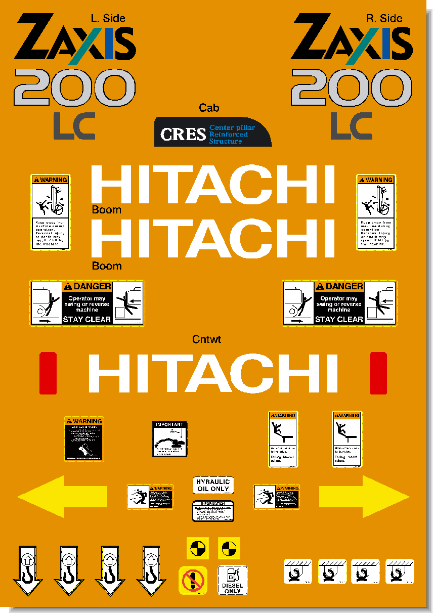 Hitachi Excavators ZAXIS 200 and 200LC Decal Packages