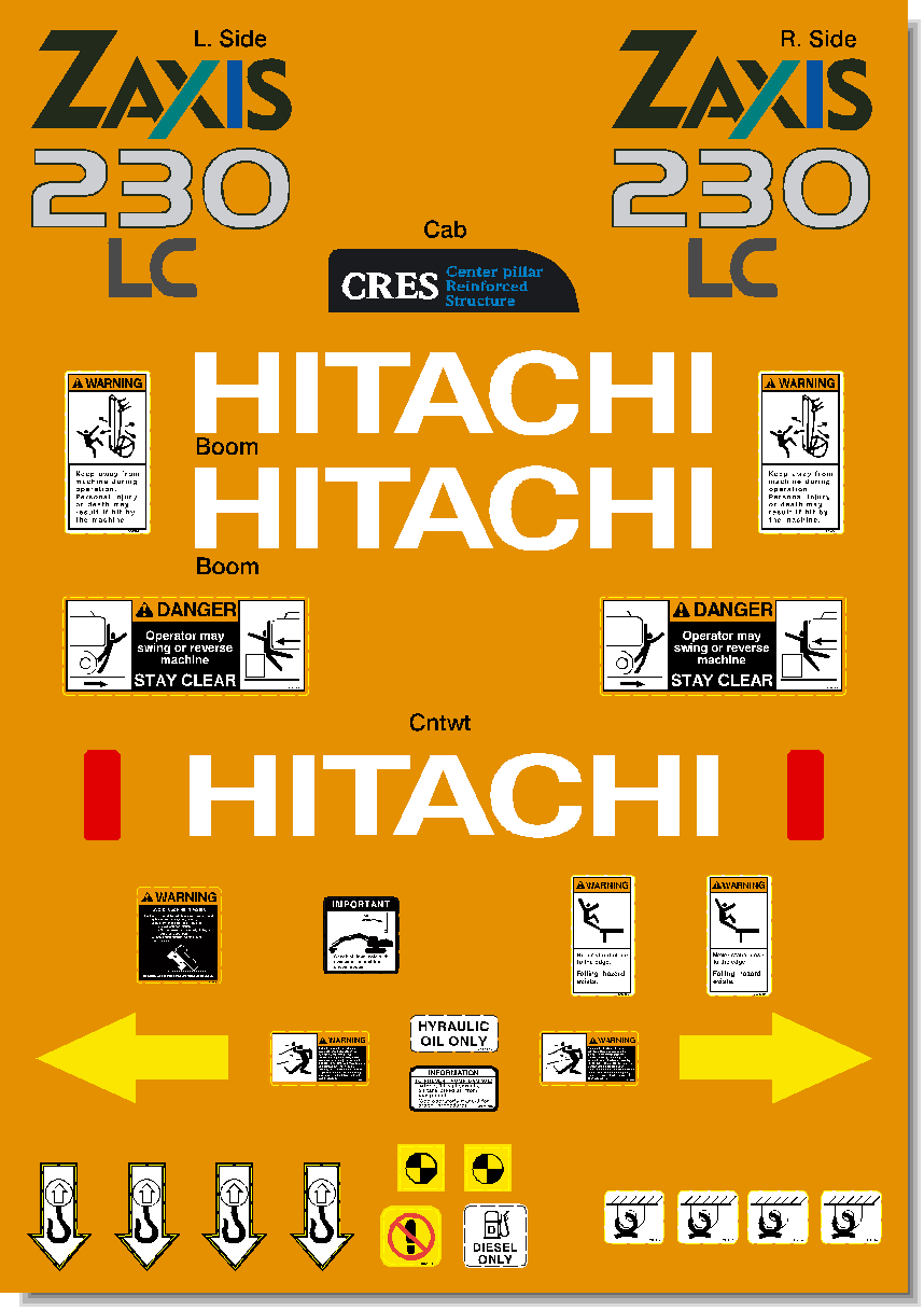 Hitachi Excavators ZAXIS 230 and 230LC Decal Packages