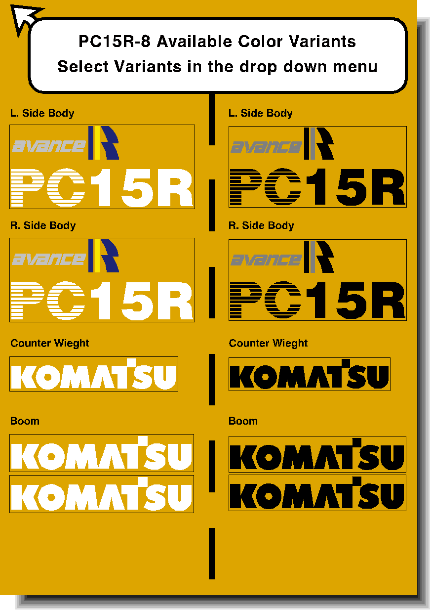Komatsu Excavator PC15R-8 Decal Packages